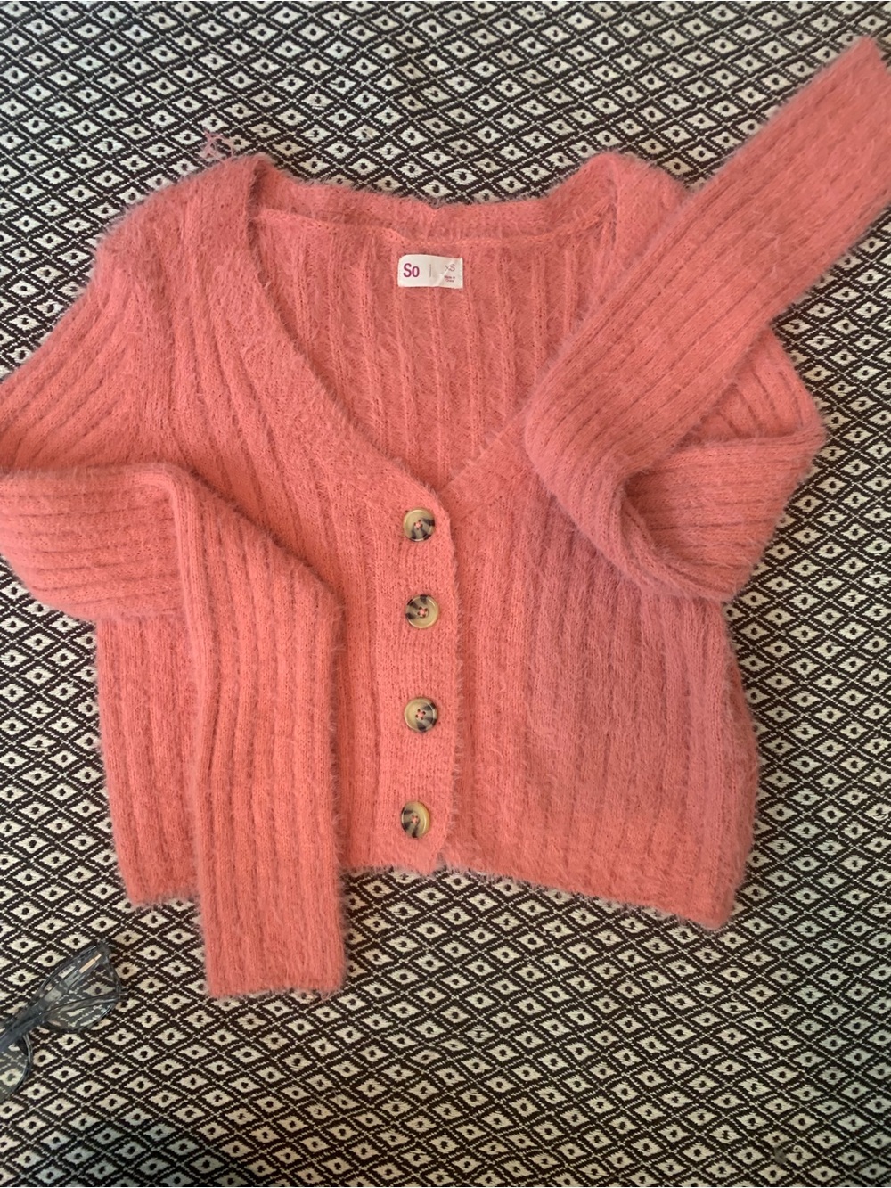 SO Coral Pink Fuzzy Ribbed Button Cardigan